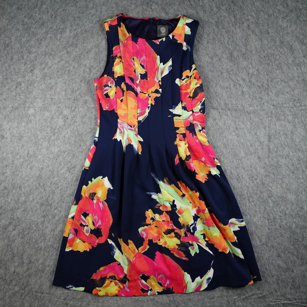 Vince Camuto Dress Women 8 Navy Blue Floral Abstract Pleated Fit and Flare Mini